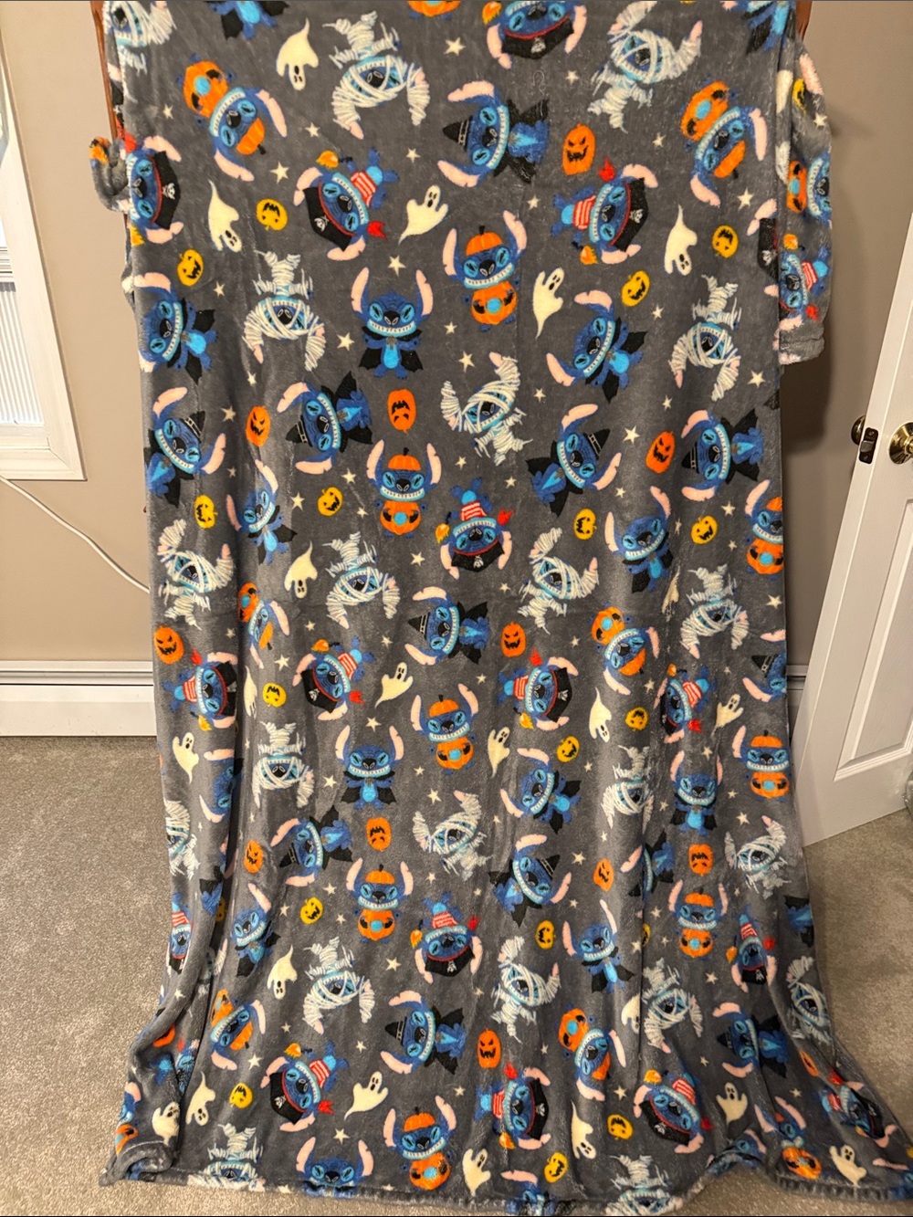 Disney Gray Plush Stitch Halloween Throw Blanket with Blue and Orange Accents
